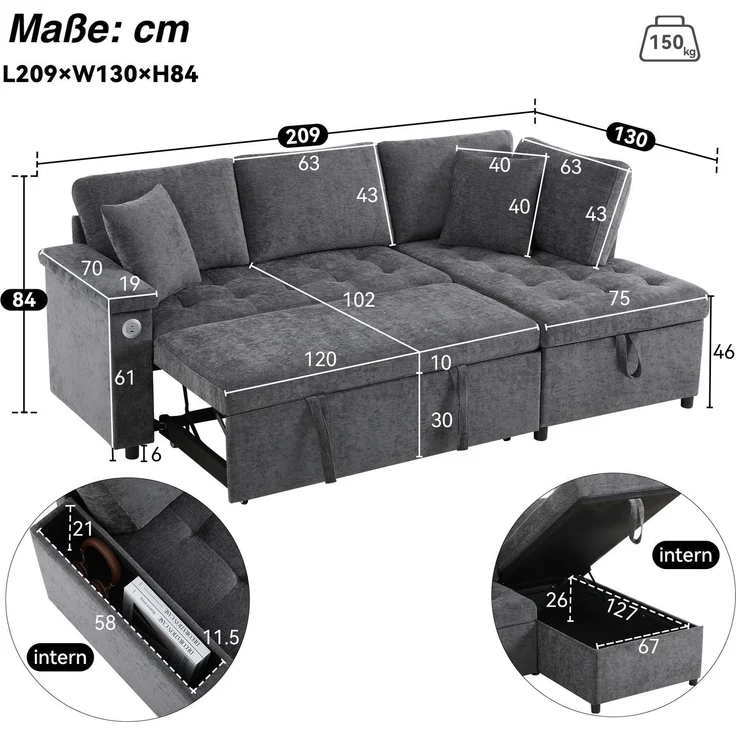 3-Sitzer Sofa mit Bettfunktion, Stauraum, Zierkissen, Rückenkissen, USB und Type-C, Liegefläche erweiterbar, Schlafsofa, Ecksofa, L-Form, Chenille – Bild 5