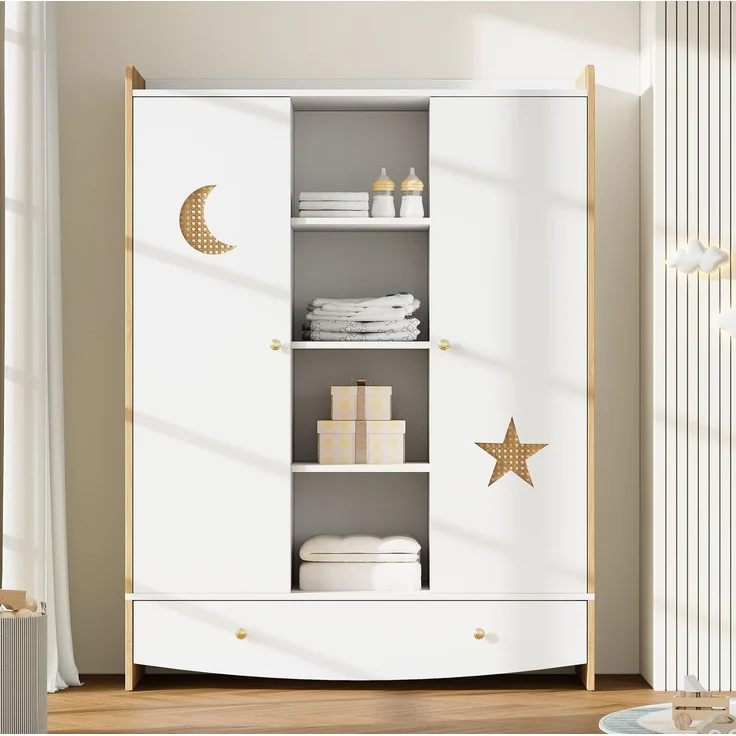 CHICFURN Kleiderschrank mit 2 Kleiderstangen, Schublade und Rattan-Elementen Natur+Weiß 120x50x160 cm – Bild 3