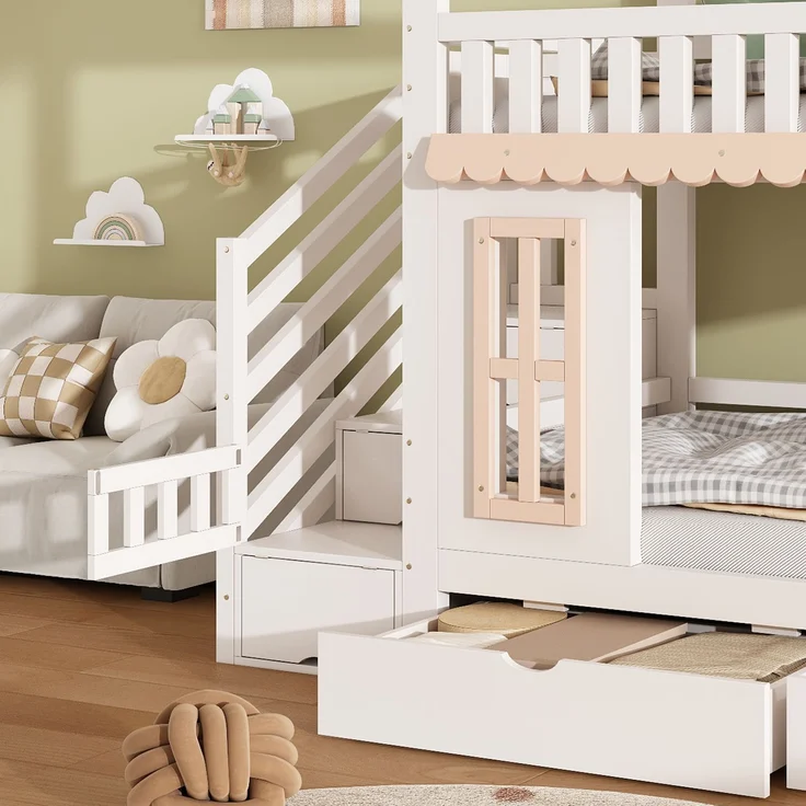 ZUBALIYA Etagenbett, Kinderbett, Hausform, Seitlicher Stauraumschrank mit Leiter, 2 Schubladen, Dekorative Holzfenster und Zierleisten, Kiefer+MDF, Weiß+Natur, 90x200 cm, Natur / Weiß – Bild 24
