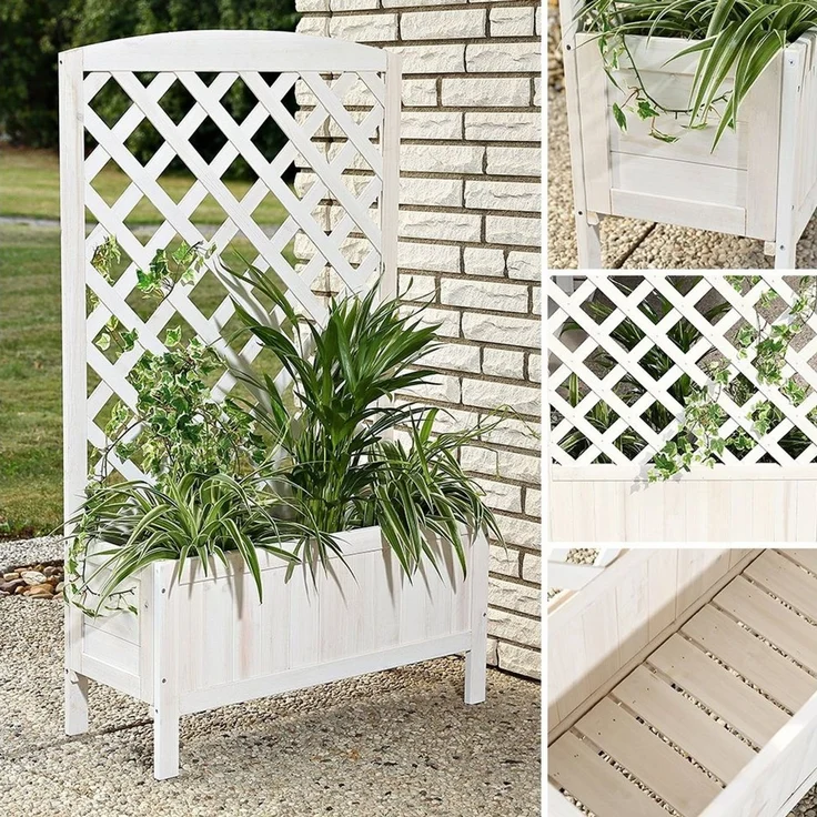 Holz Blumenkasten Rankkasten Rankgitter Blumenständer Rankhilfe Kübel Pflanzkasten Blumenkübel Spalier Rosengitter Garten - Weiß – Bild 2