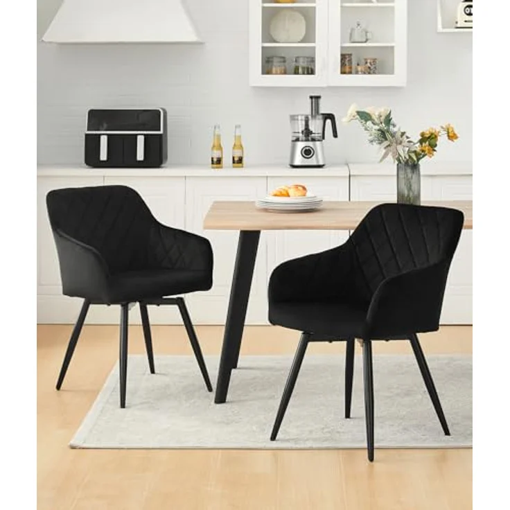 TUKAILAI Esszimmerstühle Drehbar 2er-Set Samt, Drehstuhl Esszimmer mit Armlehnen Rückenlehne Metallbeine,Küchenstuhl Polsterstuhl Armlehnenstuhl für Wohnzimmer Küche Schlafzimmer, Schwarz – Bild 5