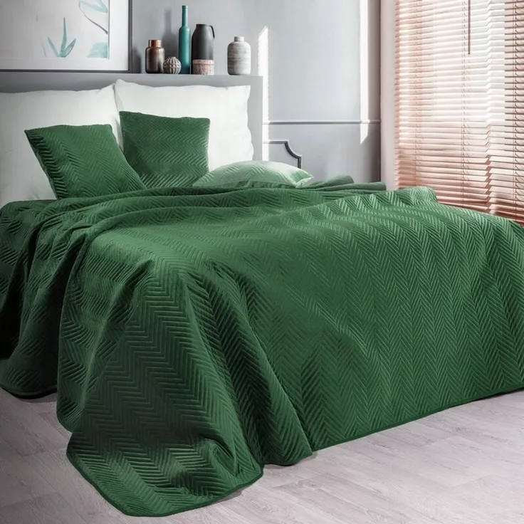 Tagesdecke Velours Samtdecke Gesteppt Steppdecke Klassische Decke SOFIA grün 170X210 cm dunkelgrün