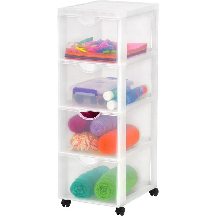 Iris Ohyama Kunststoff-Schubladenbox mit Rollen, 4 tiefen Schubladen, Mattweiß, Griffe zum Ziehen, Für Schlafzimmer, Schule & Büro, BPA-frei, Schubladenschrank, Rollcontainer, A4 Drawer, DDDC-304