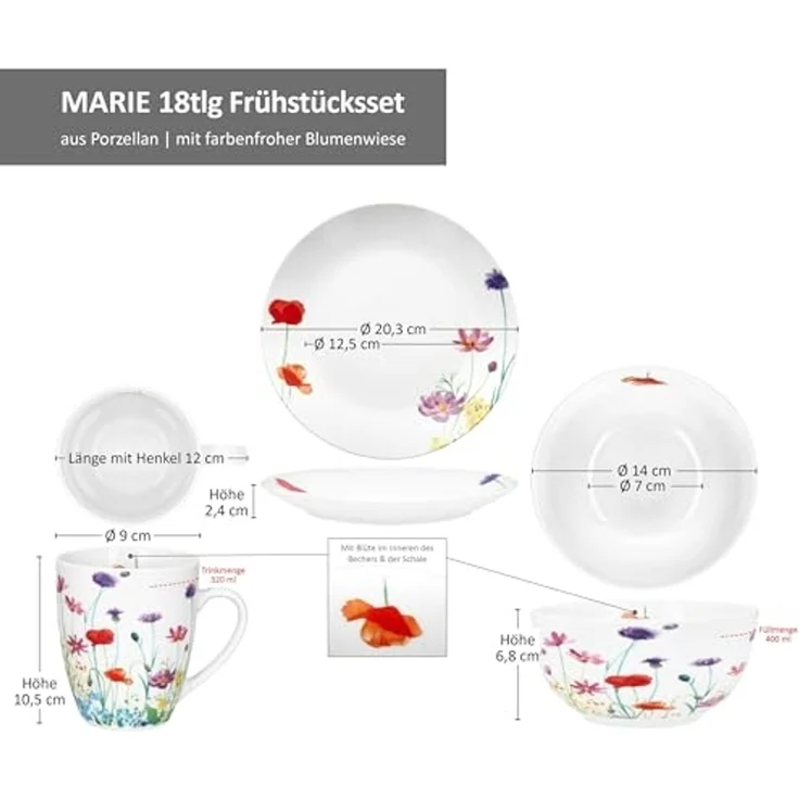 MamboCat Frühstücks-Geschirrset 12tlg Frühstücksset Marie Porzellan 6 Personen Teller Becher Schale, Porzellan – Bild 6