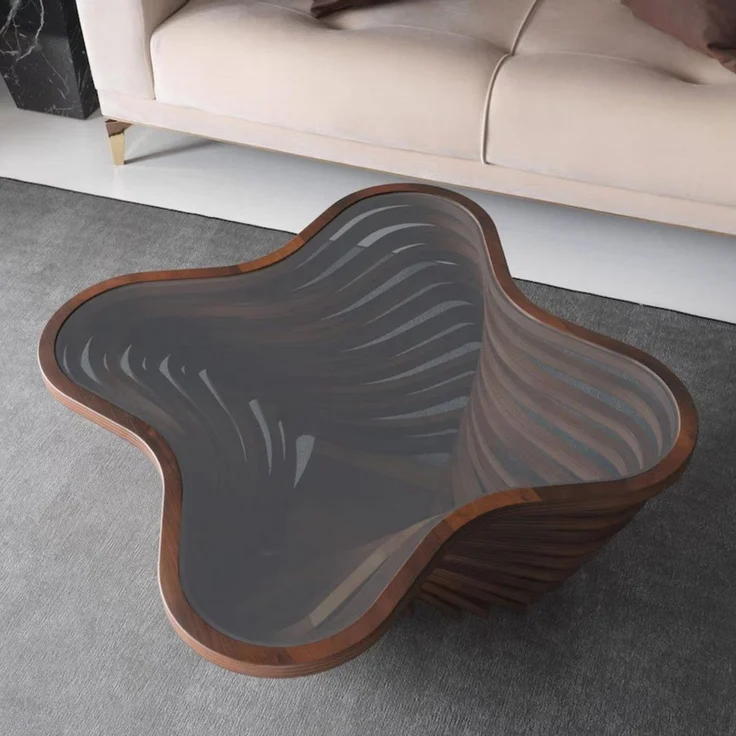 alesvelt Couchtisch rustikal handgefertigt Nussbaum Beistelltisch Glasplatte (1-Tisch), 90x90x39cm handgefertig Unikat Wellen-Optik MDF – Bild 3