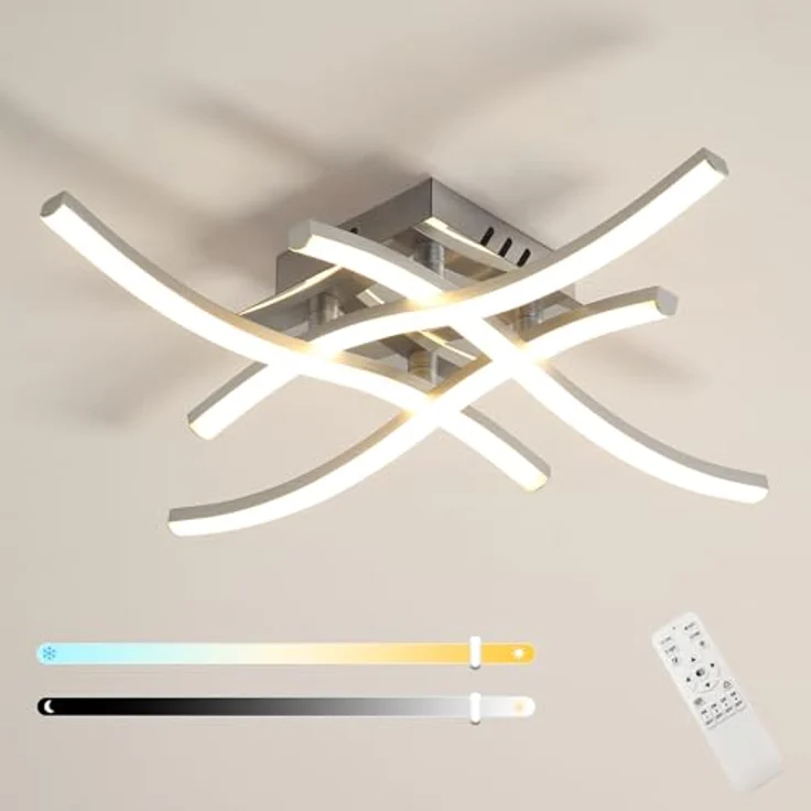 Goeco LED Deckenleuchte Dimmbar 28W 3000 k - 6500 k Silber Deckenlampe mit Fernbedienung 4 Flammig, Modern Curved Deckenbeleuchtung für Wohnzimmer Schlafzimmer, 45 * 45 * 8 CM – Bild 10