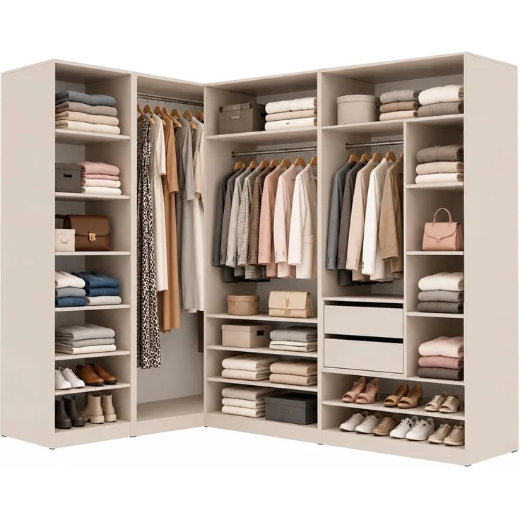 Marmex Möbel TRES SET B Garderobenschrank-Set für Kleidung, Schuhe, offener Kleiderschrank mit Regalsystem, laminierte Spanplatte, graubeige cashmere, 320x206x51 cm – Bild 1