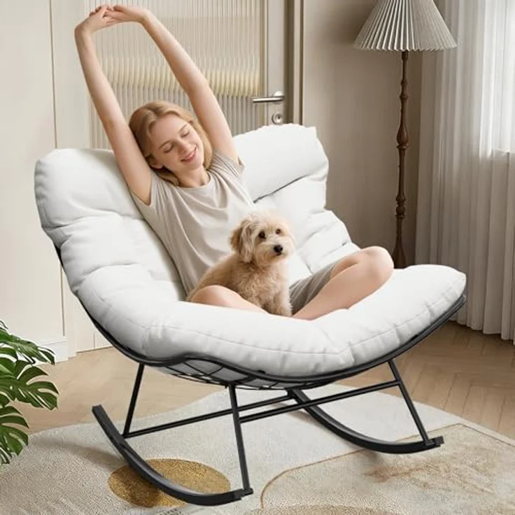 GarveeHome Schaukelstuhl Oversized, Schaukelsessel mit dickem Kissen & Metallrahmen, Relaxsessel für Poolside, Garten und Hinterhof, Tragfähigkeit – Bild 6