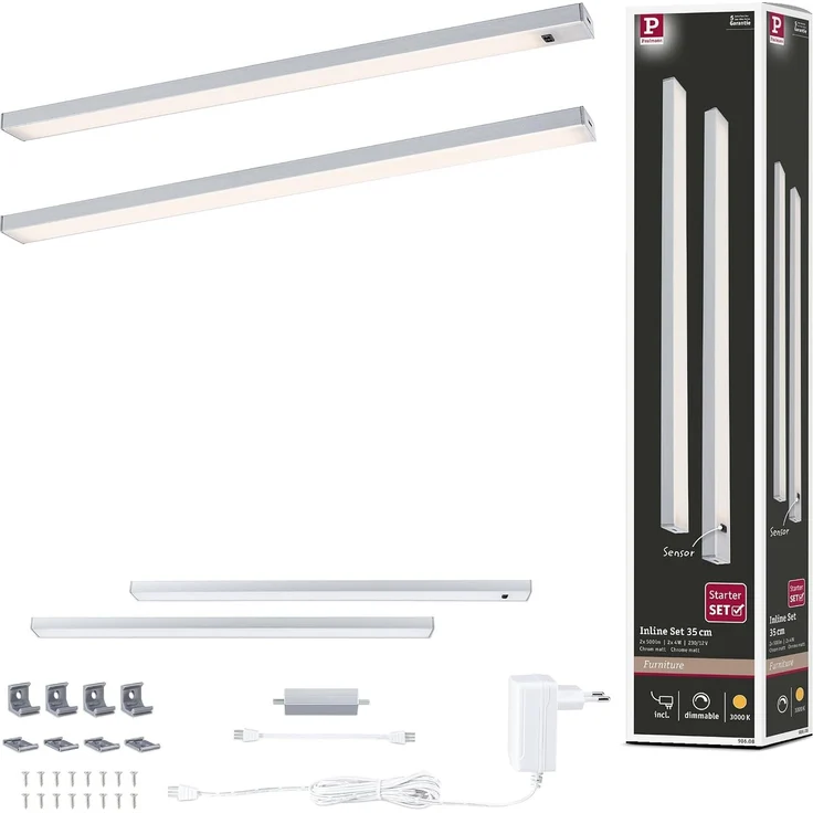 LED Unterschrankleuchte Inline Starterset 3000K dimmbar 2x4W 350x26mm 2x350lm 230/24V Chrom matt – Bild 1