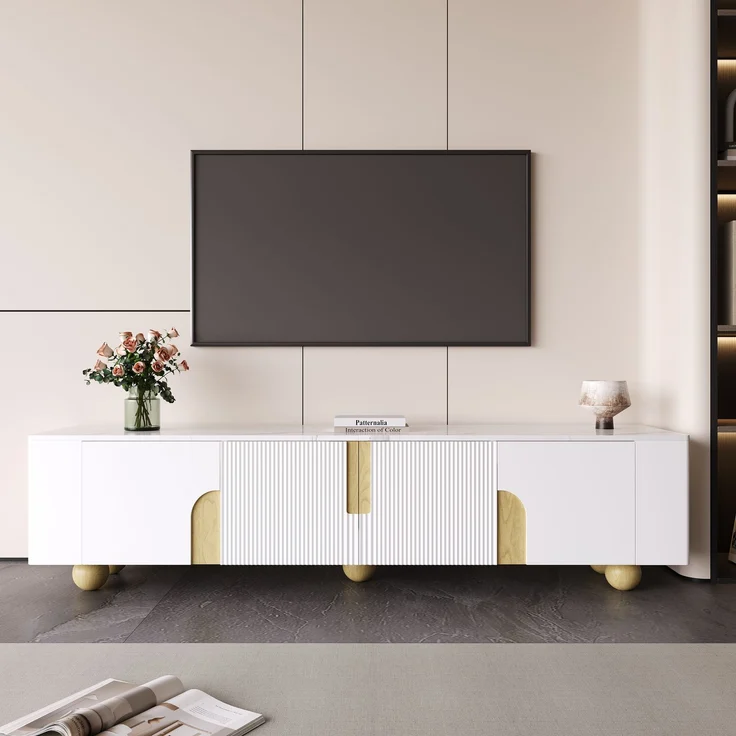 TV-Schrank 180 cm Weiß Holzoptik mit Marmoroberfläche, 4-türig, Massivholzfüße, modernes Sideboard fürs Wohnzimmer – Bild 5