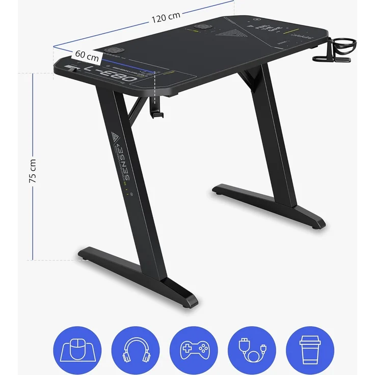SENSE7 Schreibtisch Nomad Cybernetic, Gaming Tisch 120x60, PC Tisch mit Kopfhörerhaken, Getränkehalter, Controller Halter, Gaming Computertisch mit Kohlefaseroberfläche, Ergonomischer Gaming Desk – Bild 2