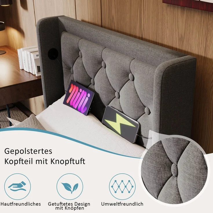 Polsterbett 90x200 cm Grau mit 3-seitiger LED-Beleuchtung, Wingback Kopfteil & USB Typ-C Ladefunktion,hydraulischer Stauraum,inklusive Matratze – Bild 7