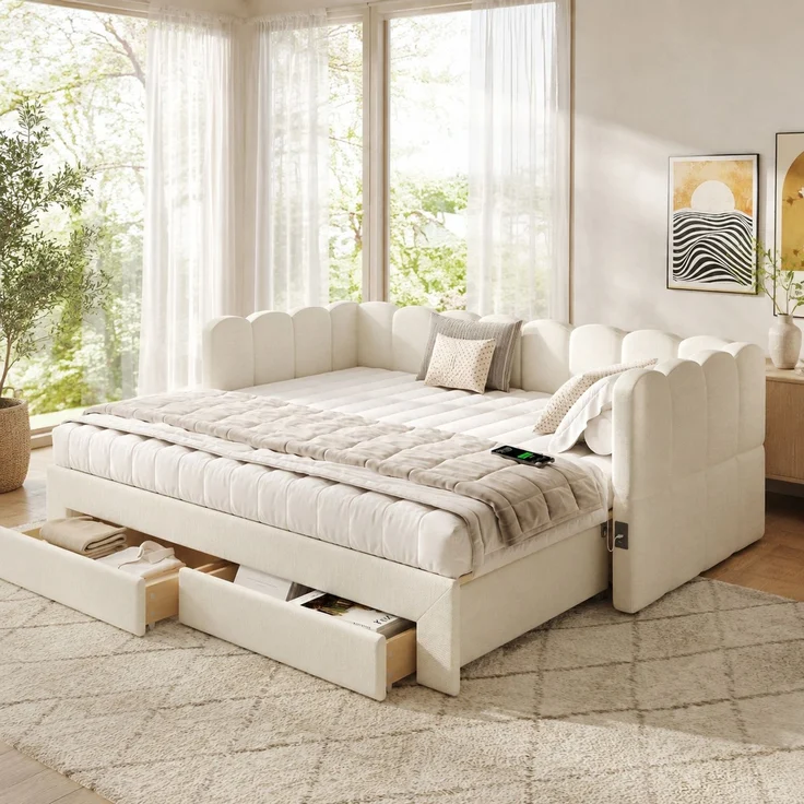 CHICFURN Ausziehbett 90/180x190 cm aus Leinen Beige mit 2 Schubladen und USB- und Type-C-Anschlüssen – Bild 2