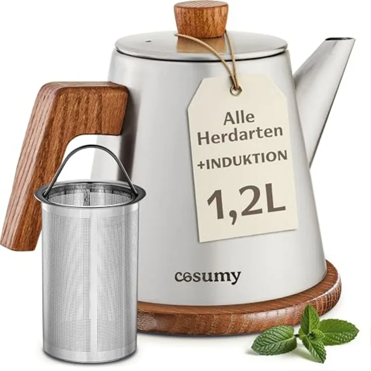 Cosumy Teekanne mit Siebeinsatz und Untersetzer - Edelstahl & FSC Holz - Induktion, 1.2 l, (Set, 1-St, Teekanne mit Siebeinsatz und Untersetzer), Induktion und alle anderen Herdarten - 1200ml - Tropffrei - Hält warm