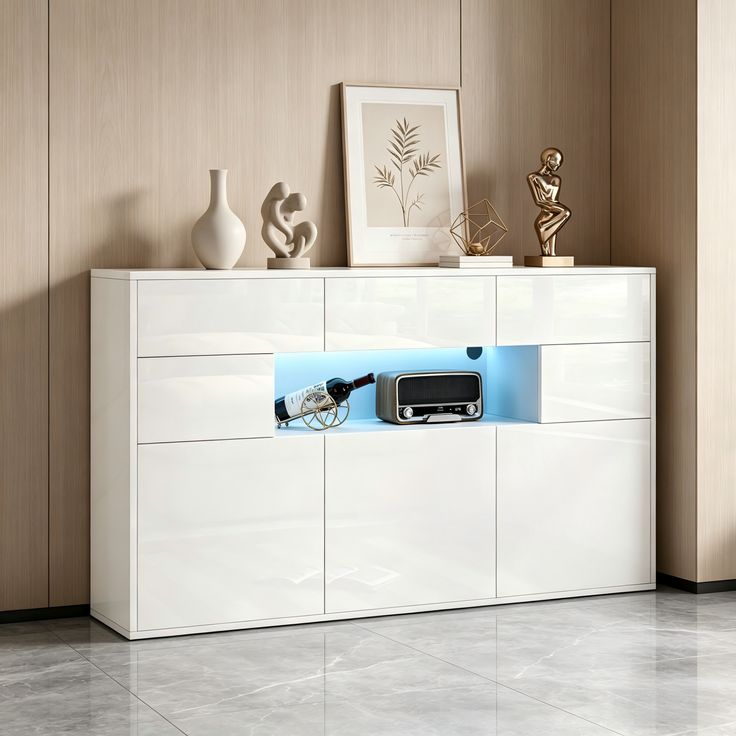 Merax 140*30*82cm Wohnzimmer-Sideboard, mit 3 Schubladen und 5 Schränken,Hochglanz-Kommode Mit LED-Lichtleiste,Schrank 140cm breit,MDF, weiß – Bild 5