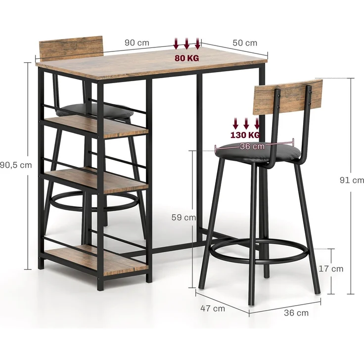 Bartisch-Set 90x50x90,5 cm mit 2 Barhockern und 3 Ablagen – Eiche-Optik – Bild 4