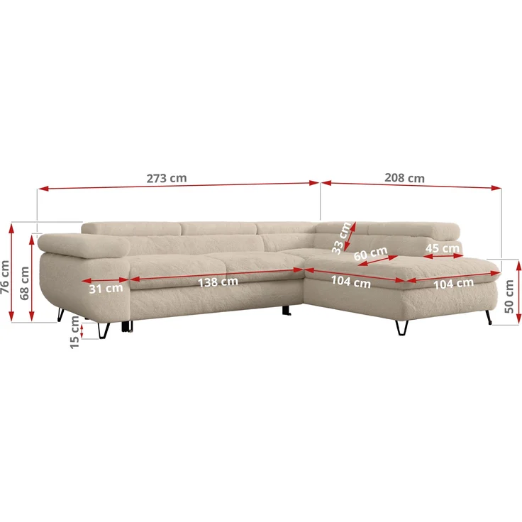 Ecksofa mit Bettfunktion, Modern Sofa, L-form, Einstellbare Kopfstützen, Bettkasten - PETER - Creme Plüsch - Topper T25 - rechts – Bild 7