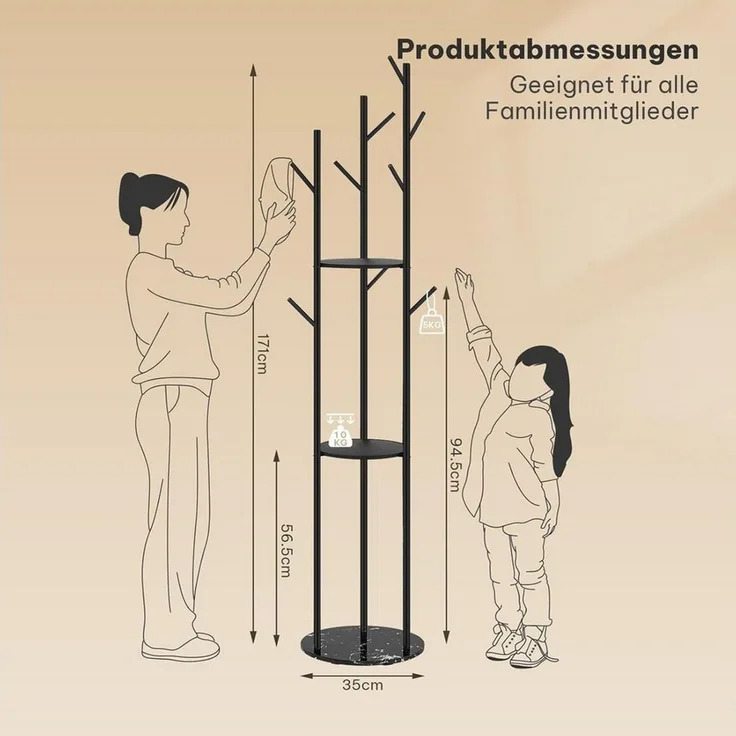 EUGAD Garderobenständer, (1 St), Baumform Kleiderständer mit 3 Ablagen Marmorbasis