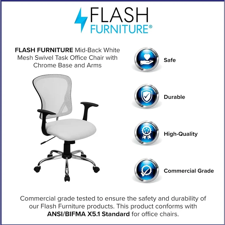 Flash Furniture Alfred Bürostuhl mit mittlerer Rückenlehne, Netzstoff, Drehstuhl mit Chromfuß und Armlehnen, Weiß – Bild 10