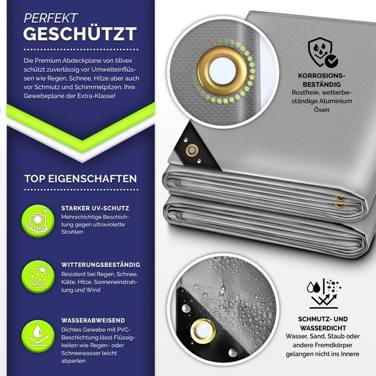 tillvex® Abdeckplane Grau 3x4 m mit Ösen + 10 Haken & 15m Seil | Gewebeplane 650g/m² Wasserdicht & Reißfest | Premium PVC-Plane Universell LKW, Pool, Holz Gartenmöbel | Gartenplane Abdeckung – Bild 2
