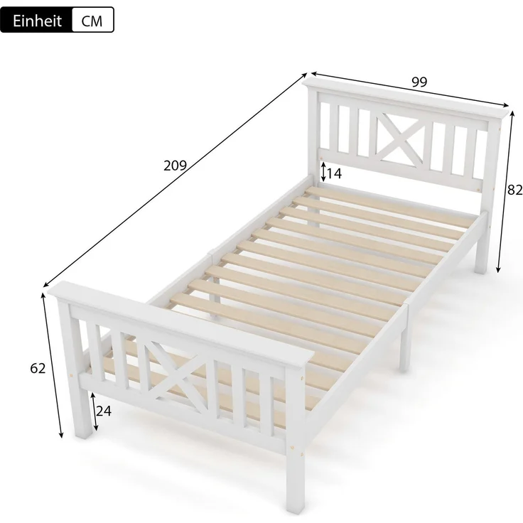 Holzbett, Einzelbett mit Lattenrost, Kopfteil und Fußteil, 90x200 cm, Jugendbett, Kinderbett, Kiefer – Bild 6