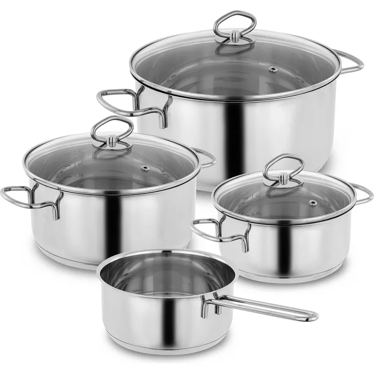 Kopf Topf-Set Merkur 4-teilig, Edelstahl (4-tlg), Induktionstöpfe mit Schüttrand, Literskala und Glasdeckel