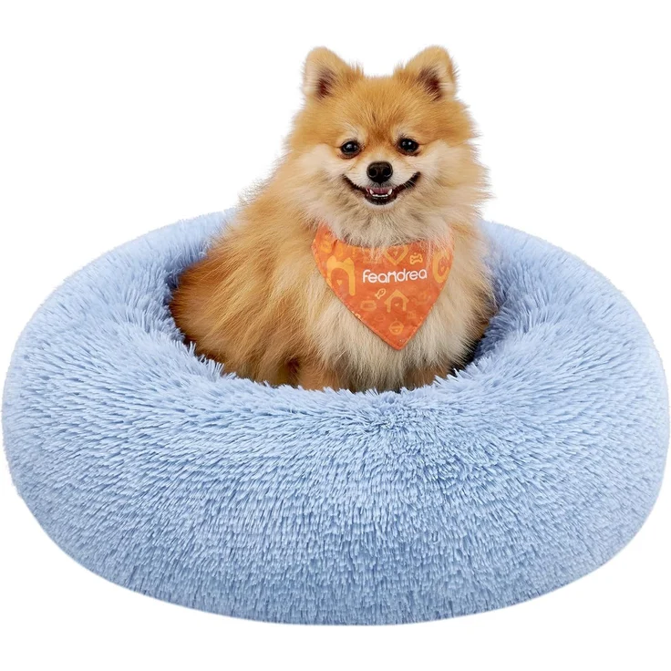 Feandrea Hundebett flauschig, Katzenbett, Donut Kissen, waschbar, Polsterung in der Mitte herausnehmbar, Langer Plüsch, 60 cm Durchmesser, blassblau PGW038Q01