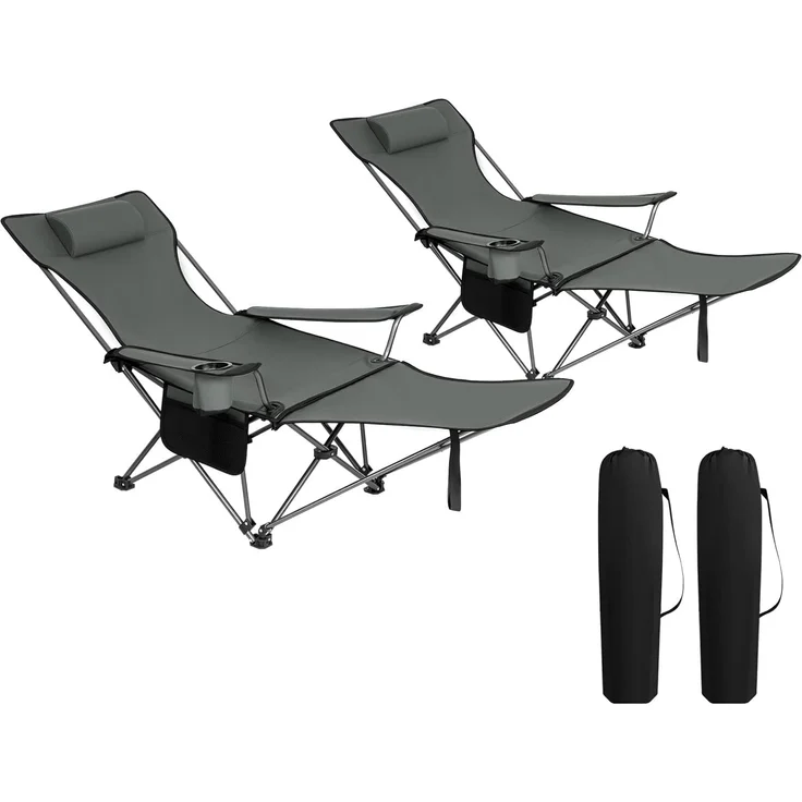 WOLTU 2er Set Campingstuhl klappbarer, Klappstuhl Liegestuhl für Outdoor, Angelstuhl Sonnenstuhl ultraleichter mit Armlehnen und Getränkehalter Grau