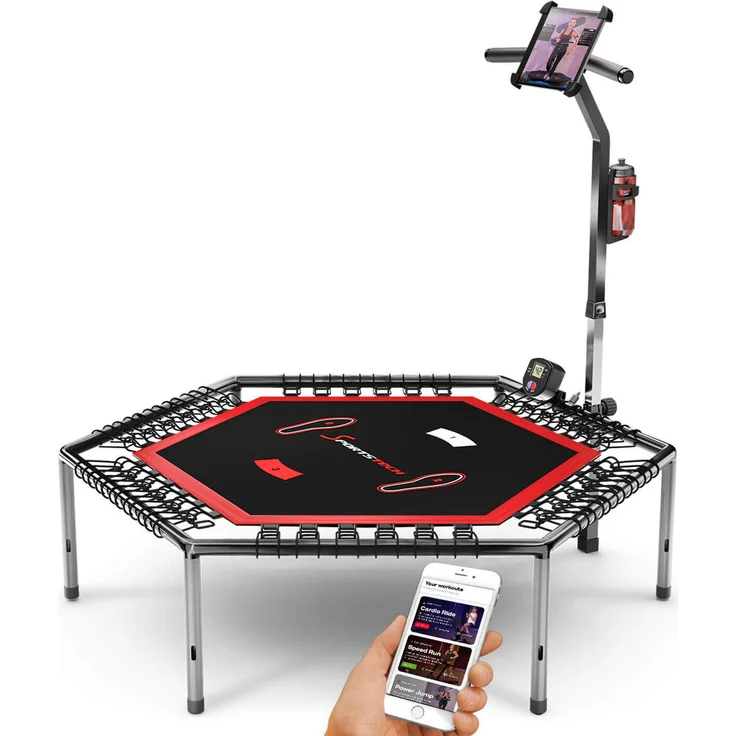 Sportstech HTX100, Smart Fitness Trampolin mit Pulsgurt, Sprungzähler & App, klappbar, höhenverstellbarem Haltegriff, Handy- & Flaschenhalterung, Indoor Jumping Workout