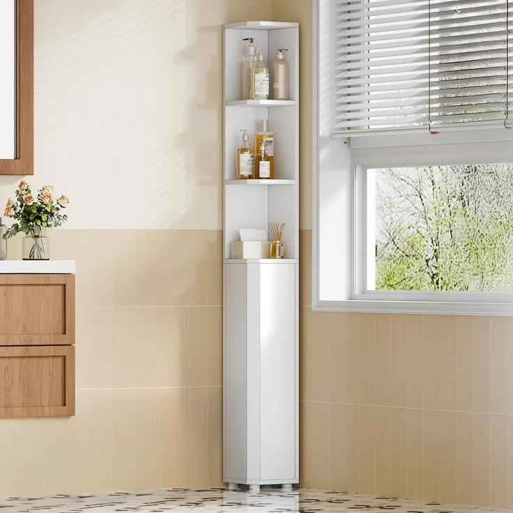 Badezimmerschrank, Eckschrank Badschrank, Toilettenschrank mit verstellbare Ablagen, 2 Seitentüren, schmales Badregal, einfache Montage, 20 x 20 x 170 cm, weiß