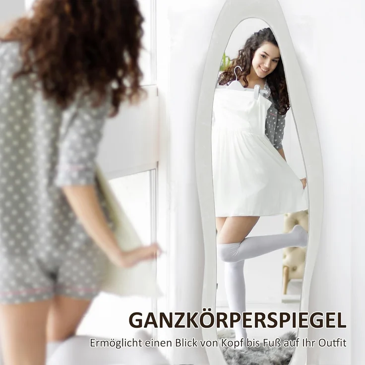 HOMCOM Standspiegel 50 x 160 cm mit samtartiger Rahmenbezug (Wandspiegel, 1-St, Ganzkörperspiegel), für Schlafzimmer, Wohnzimmer, Weiß – Bild 3