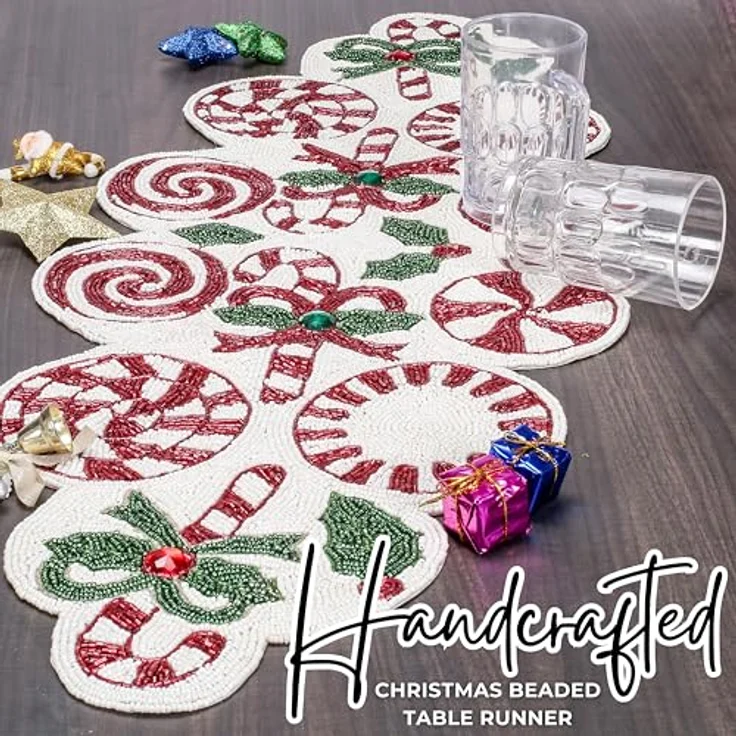 Alpha Living Home Weihnachtstischläufer 33x91,4 cm Candy Perlen Tischläufer Tischmatten für Küchentisch Home Decor Matte für Ernte, Hochzeit, Party Dekoration Rot/Grün/Weiß – Bild 6