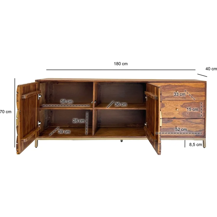 FineBuy Sideboard Sheesham Massivholz 180 cm 2 Türen & 3 Schubladen - Massive Retro Kommode mit Goldfarbenem Metall Gestell - Design Natur Anrichte - Handmade Industrial – Bild 3