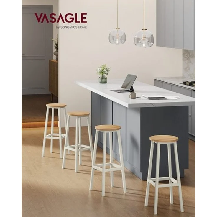 VASAGLE Barhocker, 2er Set, Barstühle, Küchenstühle mit Metallgestell, einfache Montage, 74 cm hoch, mit Fußstütze, für Küche, Wohnzimmer, Esszimmer, goldeichenfarben-weiß – Bild 2