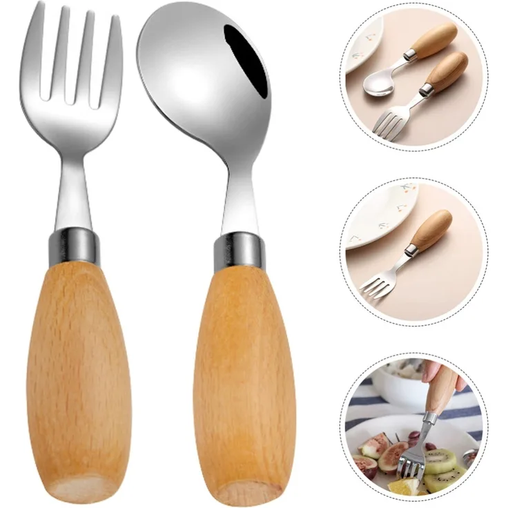 ABC Babygeschirrset, bestehend aus einer Gabel mit Holzgriff und einem gebogenen Löffel