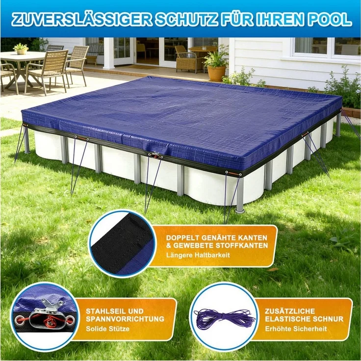 Clanmacy Pool-Abdeckplane Pool-Abdeckplane PE rechteckig Blau/Schwarz mit Ösen & Stahlseil – Bild 4