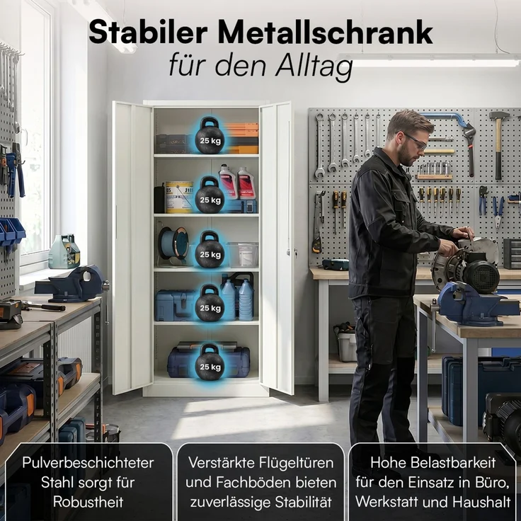 STEELSØN 'Regulus' Aktenschrank, Metall, weiß, 175x40x80 cm, abschließbar, Metallschrank mit 5 Fächern, geeignet als Werkzeugschrank – Bild 3