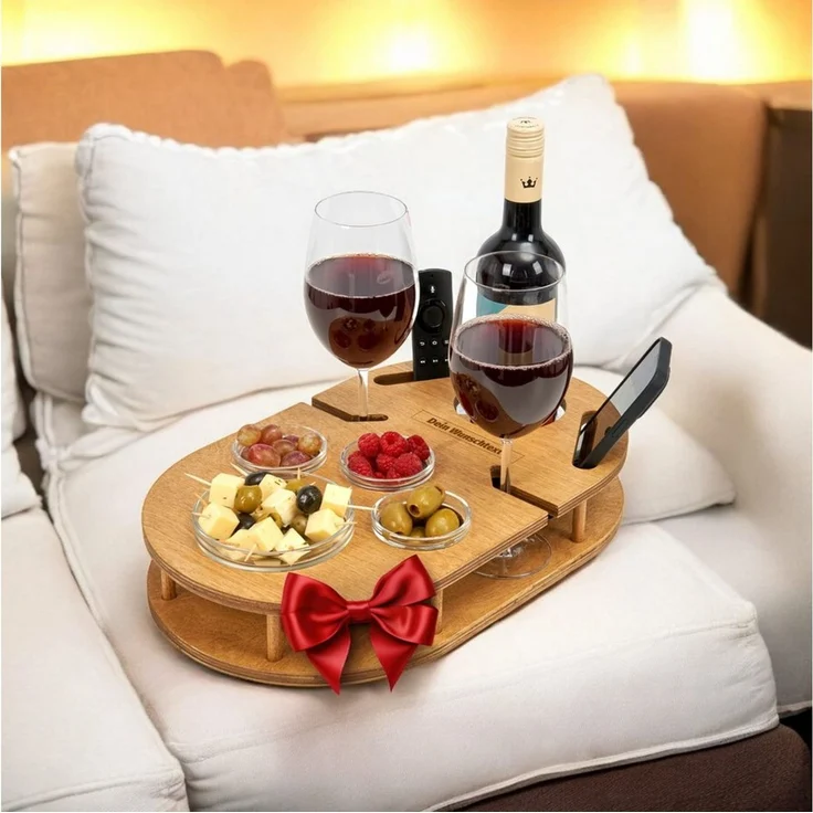 PEGSEN Servier-Set Weinbar Couchbar mit 4 Glasschalen, Birkenholz, Weingläser & Snacks stehen stabil und sicher – Bild 3