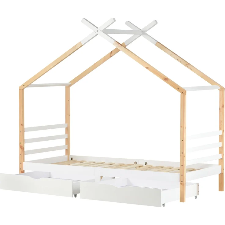 Merax Kinderbett Hausbett mit Schubladen, Massivholz mit Lattenrost, Kiefernholz Hausbett , Kinder und Jugendzimmer, weiß+holzfarbe (90x200cm) – Bild 10