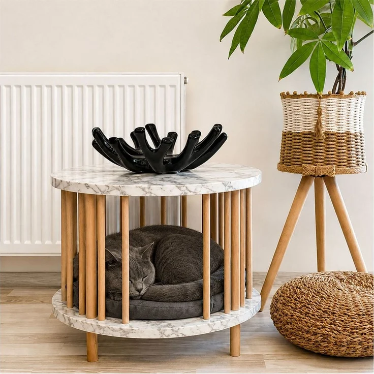Jungengel Couchtisch Modern mit Katzenhöhle Katzenhaus Beistelltisch Rund Holz Sofatisch (Einzelartikel, 1 Katzenhöhlen-Beistelltisch & 1 Katzenkissen), 2-in-1 Katzenhöhle und Beistelltisch mit Kissen - 4x Varianten – Bild 2