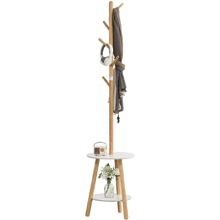 Garderobenständer 39,5 x 39,5 x 171 cm aus Bambus, MDF und Aluminium mit 5 Haken und 2 runden Ablagen – Bild 7