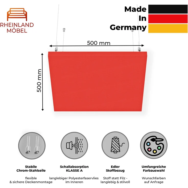 Rheinland Möbel FocusWall DAQ0505 – Quadratischer Akustik-Deckenabsorber 50×50 cm in Stofffarbe Tortuga inkl. Chrom-Stahlseilen - Made in Germany - Klasse A, Stoffbezug, schwer entflammbar – Bild 2