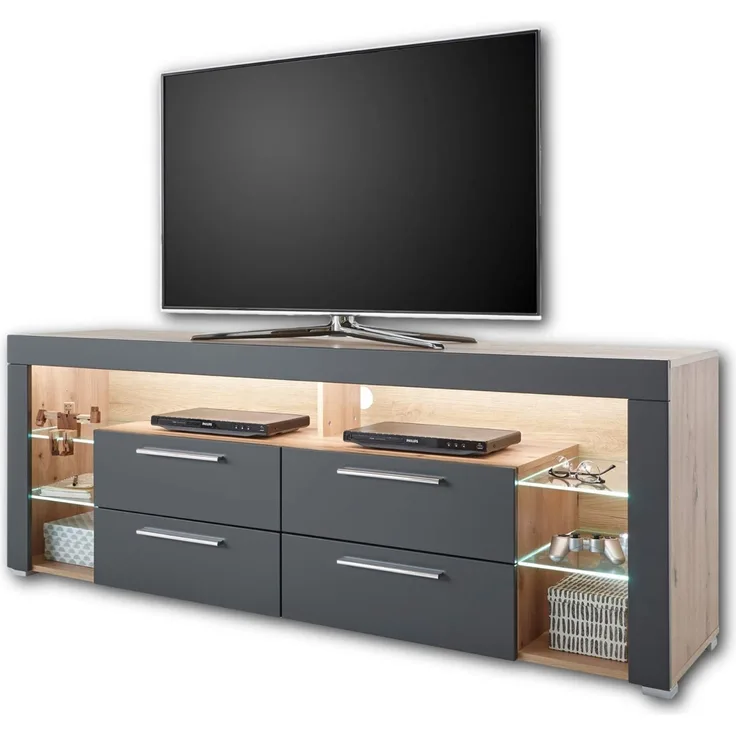 GOAL TV-Lowboard in Artisan Eiche Optik, Grau mit LED-Beleuchtung - hochwertiges TV-Board mit viel Stauraum für Ihr Wohnzimmer - 179 x 66 x 44 cm (B/H/T)