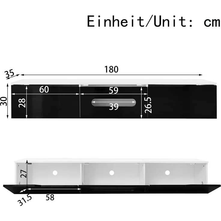 TV-Schrank 180 cm Schwarz Weiß LED Beleuchtung 16 Farben App-gesteuert Dämpfungsscharnier Wandmontage Hochglanz TV-Board – Bild 7
