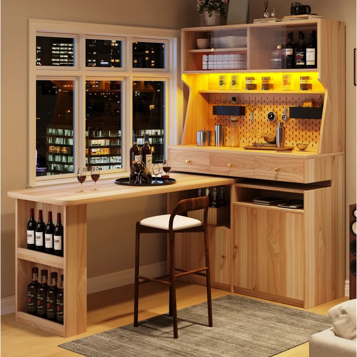 Hochschrank mit Schreibtisch, MDF & Glas, LED per App, 137x74x177,7 cm, Natural – Bild 1