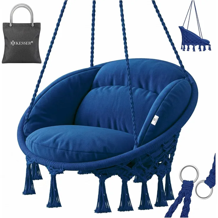 KESSER® Hängesessel mit Kissen - Chill Hängestuhl zum Aufhängen für Erwachsene & Kinder Hängematte bis 150 kg Hängesitz Aufhängung Indoor & Outdoor Wohn & Garten Terrasse Navyblau