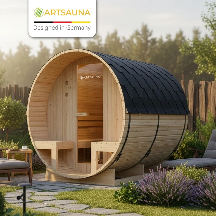 Artsauna Outdoor Fasssauna Spitzbergen 220 für 6 Personen und zwei Bänken - 8 kW Ofen, Saunasteine & Zubehör - Saunafass aus Fichtenholz - Außensauna Gartensauna – Bild 7