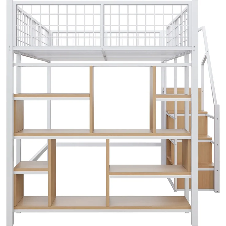 Multifunktionales Hochbett 140x200 cm aus Metall mit Stauraum und Treppe – weiß – Bild 9