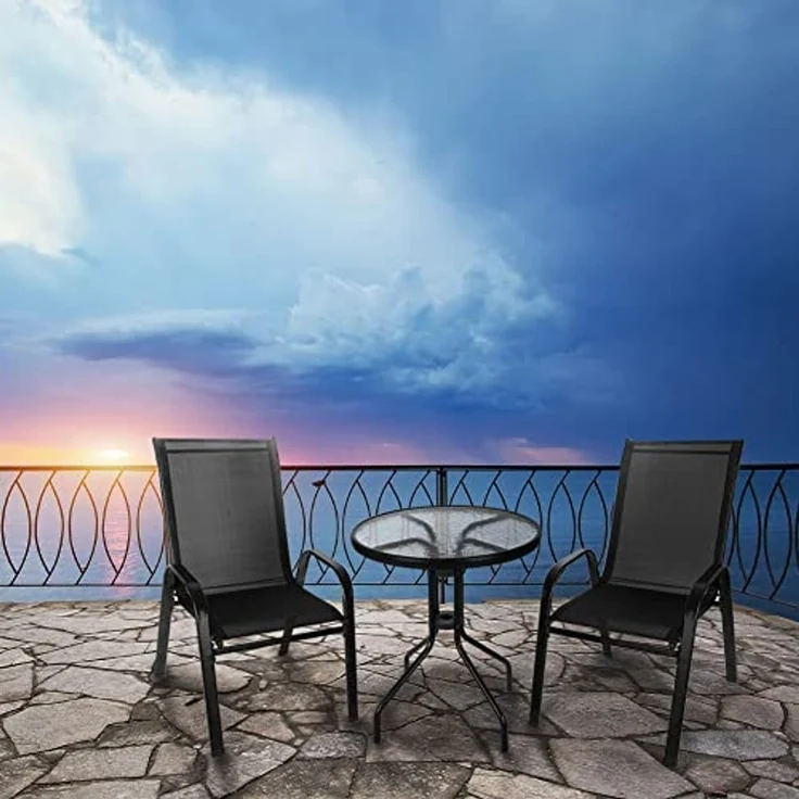Bistro-Set 3-teilig Balkonmöbel-Set Tarassentisch Rund Gartenstühle Hochlehner Stapelbar Gehärtetes Glas Metal Wetterfest 23461 – Bild 4