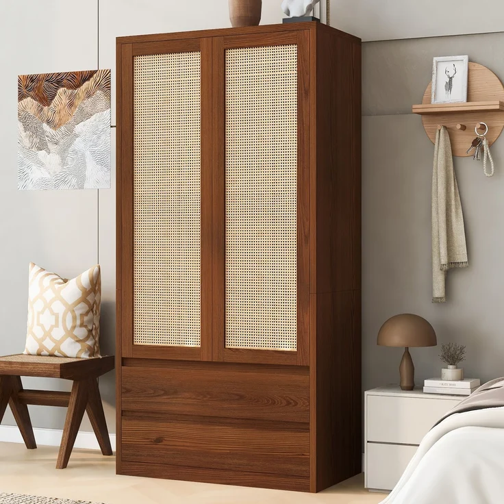 Kleiderschrank 90 x 50 x 170 cm aus Holz und MDF mit Rattan-Design und 2 Schubladen – Bild 2